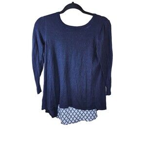 Loft Womens XS Navy Blue Tie Back Mixed Media 3/4th Sleeve Pullover Sweater